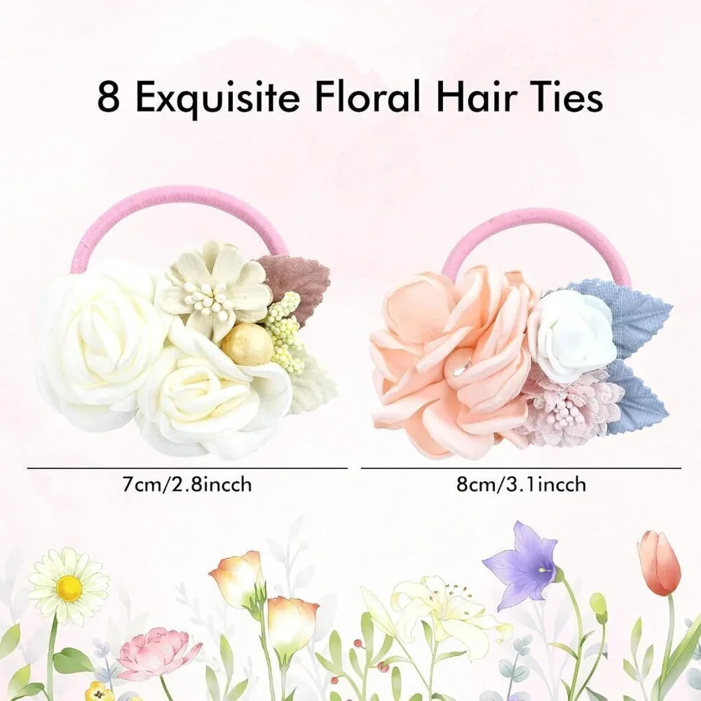 8 Pack Floral Pearl Hair Ties Rubber Bands Kids Teens Girls Accessories